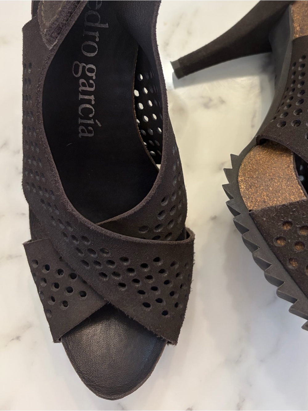 Pedro Garcia Tan Perforated Suede Open-Toe Slingback Heels - Picture 6 of 12